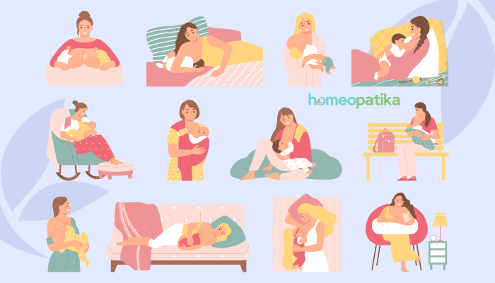  matky kojící své děti v různých polohách