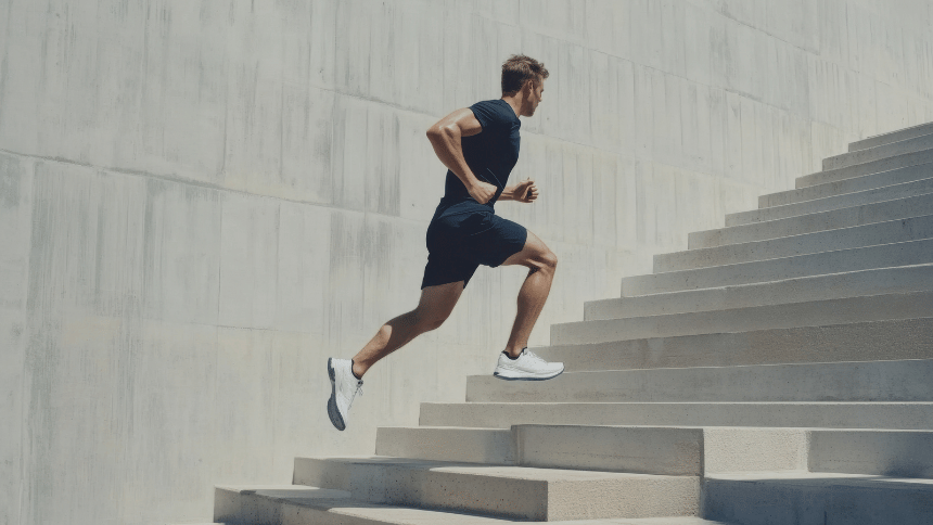 Muž běžící do schodů.