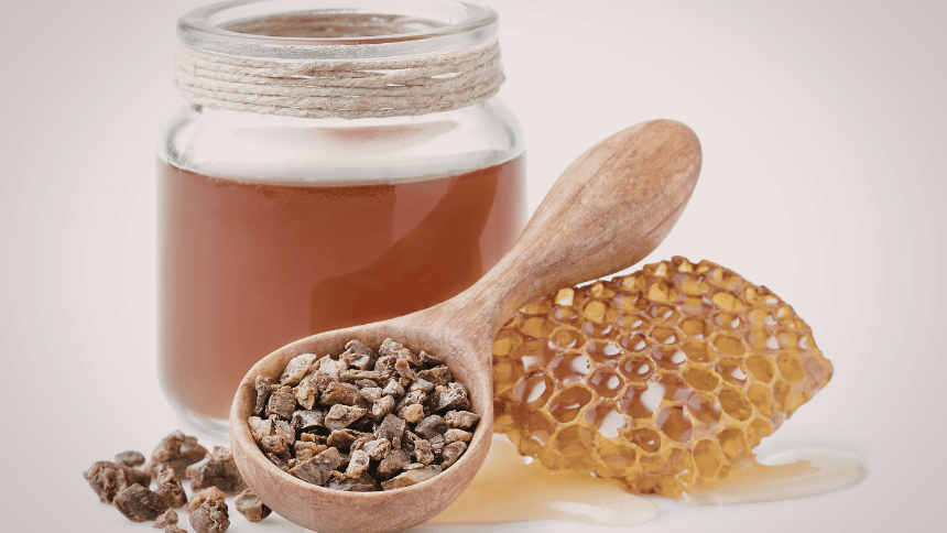 Sklenice medu, plástev a propolis.