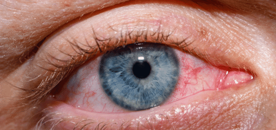 Začervenalé oko vinnou alergie.