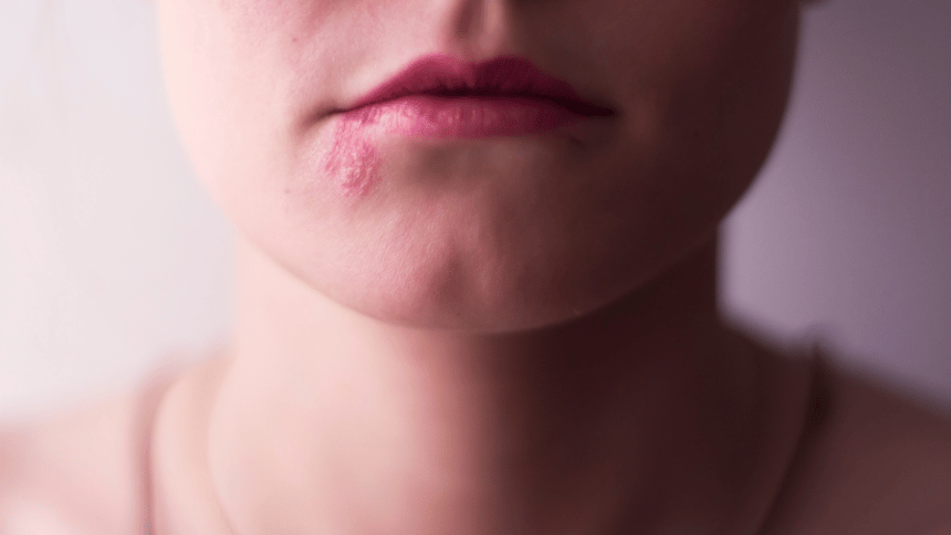 Opar, který vyrašil na spodní straně rtu.