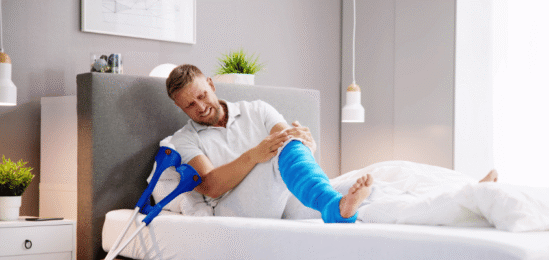 Člověk se zlomenou nohou v posteli.
