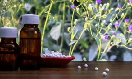 Homeopatické léky ve skleničce a mističce.