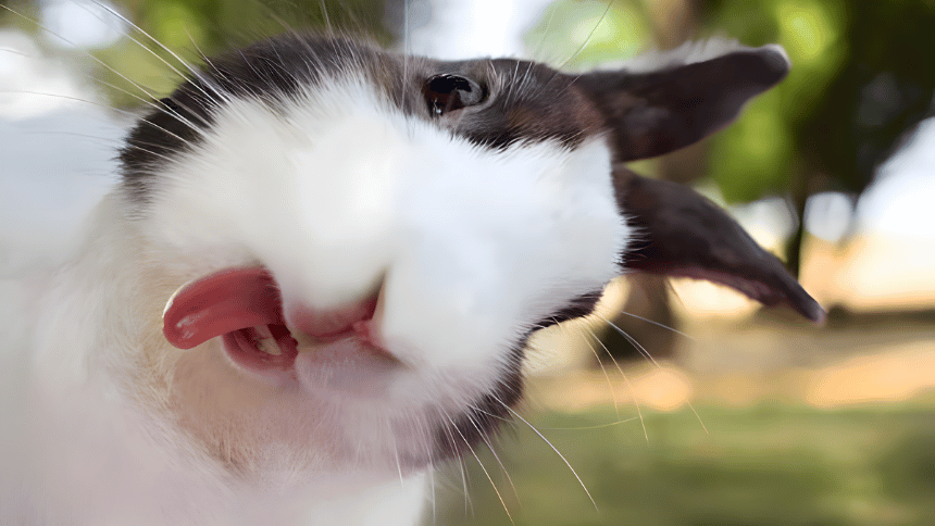 Srandovní králík s vyplazeným jazykem.